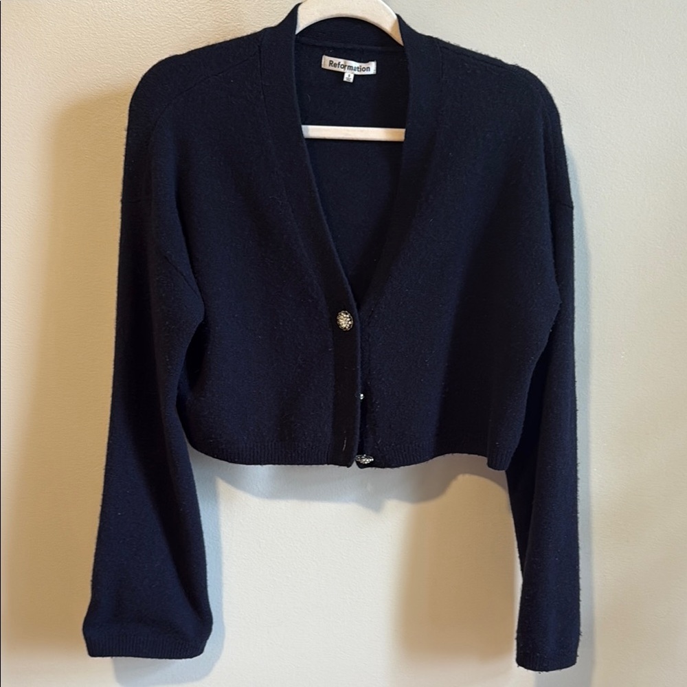 Reformation Navy Blue Cropped Cardigan Sweater